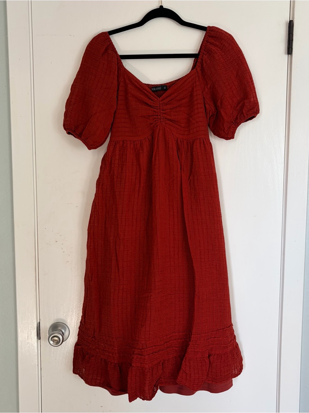 Mikarose Red/Orange Puff-Sleeve Midi Dress